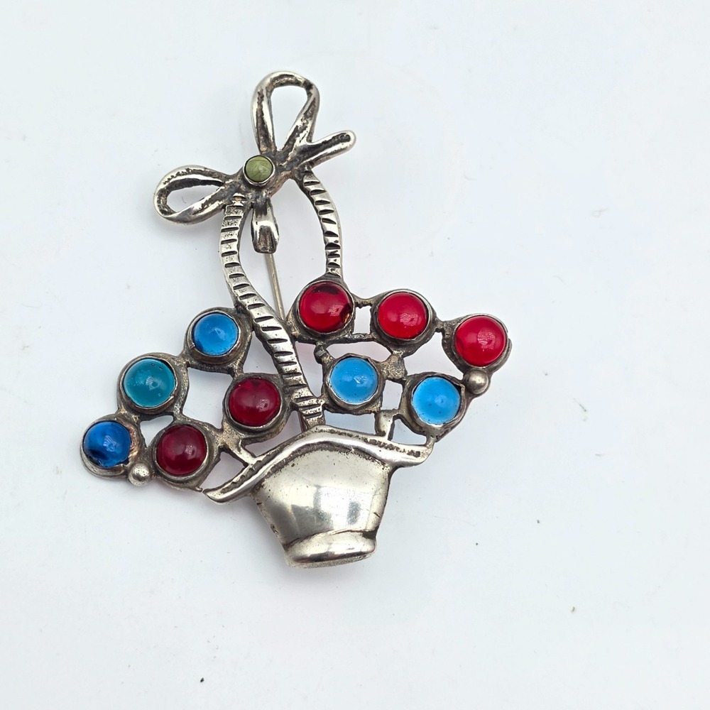 Vintage Mexico Sterling Silver Flower Basket 2.3" Statement Signed Brooch Pin